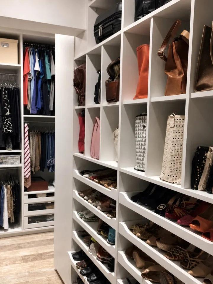 Closet planejado organizado: arara com roupas por categoria, nichos com bolsas e sapateira em prateleiras
